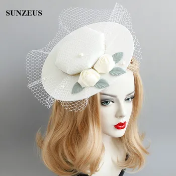 2020 Nou Design De Fildeș Mireasa Pălării Cu Flori Frunze Elegante Femei Pălărie De Petrecere Cu Tul Curtea Europeană Nobili Jocheu Pălărie