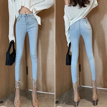 Femei Stil de Moda de Înaltă Talie Subțire Slim Denim Stretch Pantaloni Picioare Pantaloni Albastru
