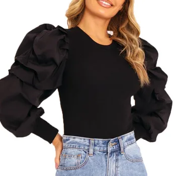 Elegante Femei Bluză Manșon De Puf Alb, O Cămașă Gât Mozaic Volane Tricotate Bluza Feminin Casual Vintage Bluze Negre