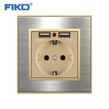 FIKO Black Dual USB Port de Încărcare 5V 2.1 UN Încărcător de Perete Adaptor de Indicator LED 16A UE Socket Priză de Alimentare din Oțel Inoxidabil Panou