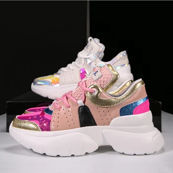 Buono Scarpe Dantelă Sus Mozaic Femei Adidasi Casual Pentru Femei Pantofi Ochiurilor De Plasă Din Piele De Culoare Amestecat Doamnelor Pantofi Platforma Adidasi
