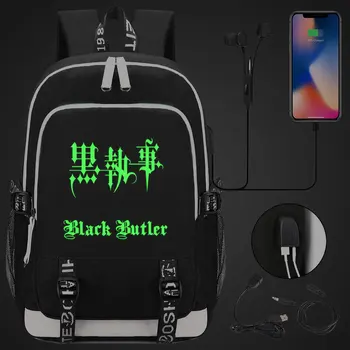 Noul Verde Luminos Moda Anmie Desene animate Black Butler USB Fată Băiat Carte sac de Școală Femei, Adolescenți, Bărbați Rucsac pentru Laptop Packsack