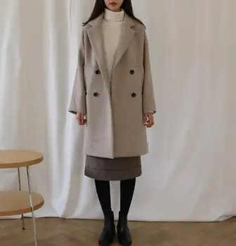 Iarna Haină de Lână Femei Noua Moda coreeană Bej la două Rânduri Strat Subțire, Gros, cu Mâneci Lungi Sacou marime mare XXL