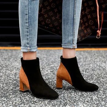 De Iarnă Pentru Femei Pantofi Glezna Chelsea Cizme Turma Nubuc Toc Patrat Fashion Square Toe Fermoar Scurt De Pluș De Culoare Amestecat Plus Dimensiune