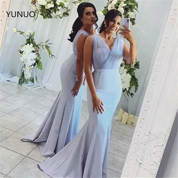 YUNUO 2021 Sexy Sirenă Lung Rochii de domnisoare de Onoare платье fără Mâneci V-neck Light Blue Satin Femei Petrecerea de Nunta Rochie Vestidos