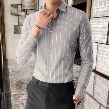 Coreea Style Moda Frumos Mens Buton Jos Tricouri Slim Fit Maneca Lunga Cu Dungi Camasi Asain Dimensiune