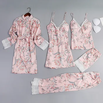 Primavara-Vara Nou Stil Pijama, Doamnelor Subțire Sexy Imitație Pijamale De Mătase Cinci Piese De Origine Purta Halat De Baie Lounge Pijama Satin