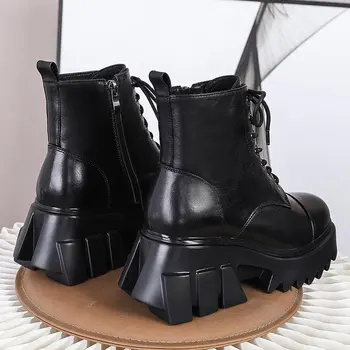 Pantofi de iarna pentru Femei din Piele Cizme Scurte Platforma Manual Glezna Pene de 7,5 cm Doamnelor Femei Cizme de Zăpadă Goth Pantofi Cizme Indesata