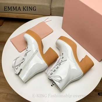 2020 Toamna Iarna Femei Dantelă Sus Pantofii 7.5 cm Toc Indesata de Brevete din Piele Glezna Cizme Designer de Moda Platforma Femeie Botas Mujer