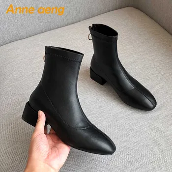 2019 Nouă Primăvară/Toamnă Femei Cizme Glezna Cu Toc Mediu Square Toe Fermoar Solid Confortabil Casual Pantofi Femei Cizme Scurte Negre