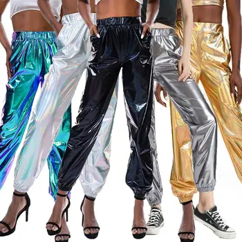 Moda Smoothy Reflectorizante Femei Talie Mare Metalice Strălucitoare Jogger Casual Holografic Culoare Streetwear Pantaloni