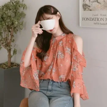 Kimotimo Dulce Florale Cămașă Sifon De pe Umăr 2021 Noi Zburli Casual coreean Bluza Sexy si Topuri Blusas Largas Femme