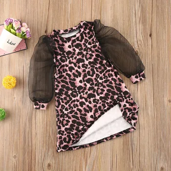 1-6Y Moda de Vara Copii Fete Rochie Leopard de Imprimare Dantela lungime mâneci Genunchi Lungime Rochie a-Line