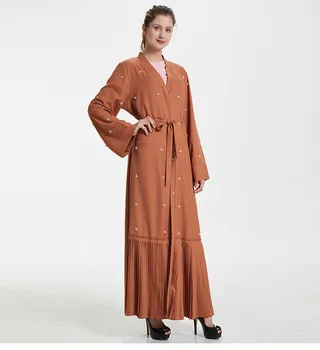 Dubai Femei Perla Deschide Caftan Musulman Lung Rochie Maxi Rochii de mireasa Kimono Cardigan Femei cu Maneci Lungi din Dantela-Up Dress V-Gât l0615