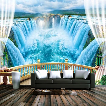 Personalizat Murale 3D Fereastra Balcon Lac, Cascadă, Natură, Peisaj Poster Photo Hârtie de Perete Pentru Camera de zi Dormitor Papel De Parede