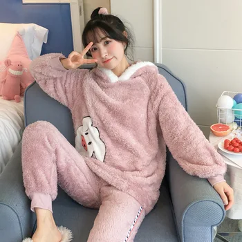 H5699 Femei Pijamale Fete De Iarna Coreean Desene Animate Elevii Pijamale Femei, Plus Catifea Cu Maneci Lungi Flanel Cu Gluga Costum Sleepwear