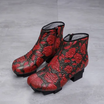 YourSeason Glezna Doamnelor Ciudat Stil Piele Naturala Pantofi Noi 2021 Retro Zip Rotund Deget De La Picior De Cusut De Epocă Imprimare Cizme