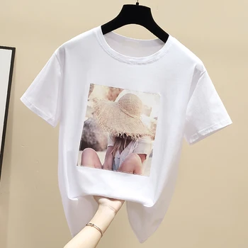 2020 Vara Noi de Bumbac T-shirt Femei Alb cu mânecă Scurtă de Moda Autocolant de Călcat Short Sleeve Top Femei Guler Rotund Tricou