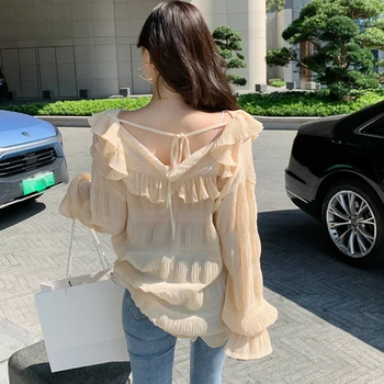 Puff Maneca Lunga Liber Casual V Neck Pentru Femei Plisată Tricou Femei 2020 Toamna Bluza Șifon Coreean Topuri Solid Blusas Mujer 10572