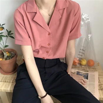 Vintage V Gât Blusas Solid Topuri De Vara Bluza Femei Tricouri Simple De Moda Cu Maneci Scurte Birou Doamnă Tricou Topuri Femininas 10166