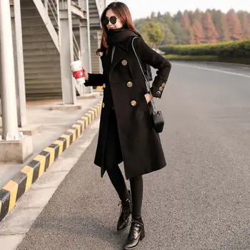 2020 Nou coreean Femei Negru de Lână Haina de Toamna Iarna de Lungă, Subțire Dublu Breasted Outwear Femei Palton de Lână Sacou