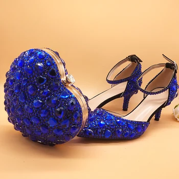 Royal Albastru Stras Nunta pantofi și inima saci set femeie pantofi de cristal rochie de Petrecere pantofi de Mireasa curea Glezna pantofi femei