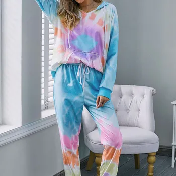 Femei Pijama Set de Servicii de Origine de Toamnă și de Iarnă Tie-dye Liber Maneca Lunga de Sus Pantaloni de Pijamale Costum NYZ Magazin