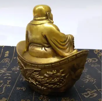 10cm Cupru din China Avere YuanBao Râde Fericit Maitreya Buddha Statuie Dragon Phoenix