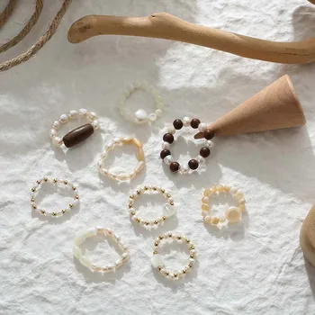 Vintage Noul Mini Mică Perle Naturale Coajă de Lemn cu Margele Inel Fashion Party Deget Inelul de Bijuterii pentru Femei, Cadou Elegant, Retro, Inel