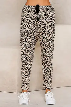 Kaki Casual, Skinny Leopard Print Pantaloni de Toamnă de Primăvară de Culoare Solidă Bază cu Leopard Print Cordon Elastic Plus Dimensiune Pantaloni