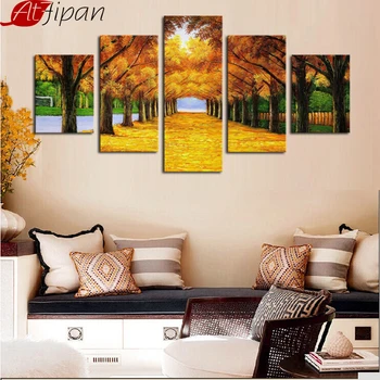 AtFipan Încadrată 5 Panouri Natura Galben de Aur Copaci Imprimare Panza de Pictura pentru a Trai Roon Acasă Decorare Arta de Perete Poza