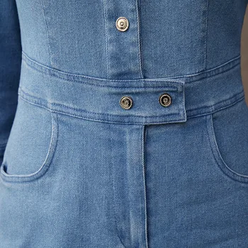 Nou Plus Dimensiune Primavara Toamna Femei Rochie De Moda Guler De Turn-Down Colecta Talie Solid Slim Jeans Rochie Pentru Femei Denim Dintr-O Bucata
