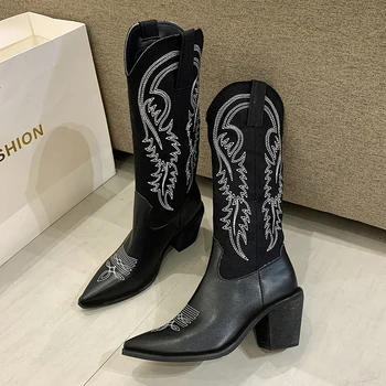 Geometrice Emborider Vest Cizme De Cowboy Pentru Femei Lemn Toc Mozaic Denim Pantofi De Iarna Pentru Femei A Subliniat De La Picior Toc Înalt Cizme