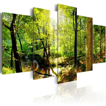 Peisaj Natural Arta de Perete Copaci Creek Panza Pictura Soare Poster 5 Bucati Pădure Imaginile pentru Camera de zi Decor Acasă