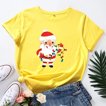 Drăguț Moș Crăciun Imprimare Tricou Femei Din Bumbac Plus Dimensiune Crewneck Maneca Scurta Tricou Femme Topuri De Crăciun Harajuku Haine