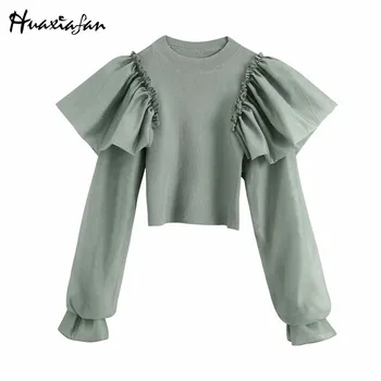 Huaxiafan Volane Tricotate Mozaic Bluza Femei Topuri Casual De Toamna Pulovere Femei Elegante Bluze Chic Feminin 2020 Nou Design