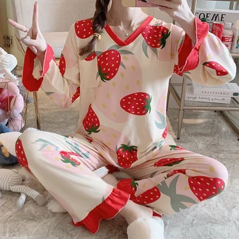 2021 Primavara Toamna cu Maneca Lunga Print Set Pijama Pentru Femei coreene V-neck Sleepwear Costum de Pijama Homewear Pijama Mujer Haine de Acasă