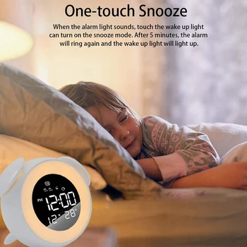 Copii Ceas Deșteptător Apăsați de Control Lumina de Noapte pentru Dormitoare, mai Multe Sunete de Alarmă Răsărit și Apus de Simulare, Funcția Snooze Wa