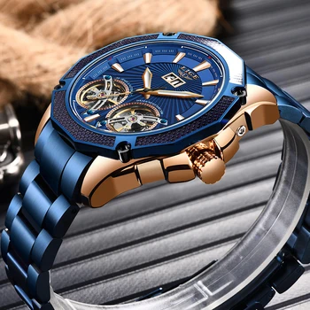 LIGE NOI Barbati Ceas Automată ceas mecanic Stianless Brand de Top Rochie de Lux Luminos Double Tourbillon Ceas de mână de Om+Cutie
