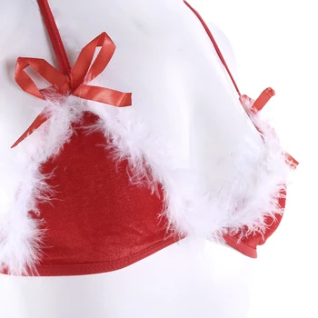 Femei Sexy Santa Set De Lenjerie, Faux Blana Crăciun Babydolls Bikini Sutien Stil + G-String Thong + Hat Set