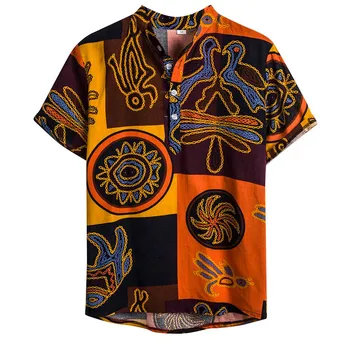 Mens Etnice Maneca Scurta Casual-Lenjerie de pat din Bumbac Imprimare Tricou Hawaii Butonul de Plajă Masculin Bluza de Sus Streetwear Camisa masculina