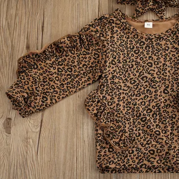 Copii pentru Copii Baby Girl Haine Zburli Leopard Topuri cu Maneci Lungi Tricou cu Pantaloni Lungi Bentita Trening Tinutele 3PCS Set