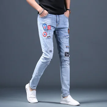 Vara Patch-Uri Brodate Rupt Blugi Streetwear Barbati Stretch Denim Albastru De Moda Direct Slim Fit Pantaloni