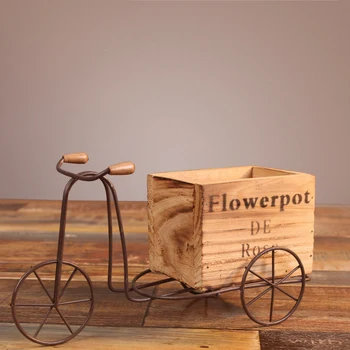 Tricicleta Din Lemn Model Ghiveci De Flori Din Fier Forjat Biciclete Suport Pentru Flori De Interior Raft De Depozitare Grădină Acasă Desktop Decor Meserii Cadouri