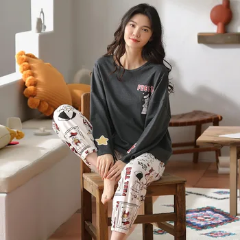 Toamna Bumbac, Pijamale Femei Set Pijama Cu Dungi De Imprimare Gât Rotund Pijamale Confort Agrement Homewear Îmbrăcăminte De Noapte De Moda Coreeană