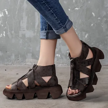 YourSeason 2020 Nou De Vară, De Toamnă Doamnelor Sandale Cu Platforma Din Piele Femei Cu Fermoar Cusut Retro Plat Cu Pantofi Lucrați Manual