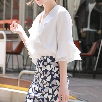 Ciufulit De Proiectare Femei V-Neck Șifon Bluza De Vară 2020 Jumătate Maneca Birou Doamnă Femei Flare Sleeve Bluze Albe