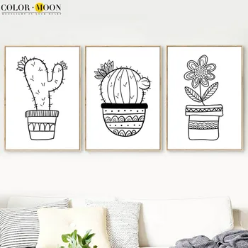 COLORMOON Cactus Ghivece cu Plante Wall Art Print Panza Pictura Nordic Alb Și Negru Poster Poze de Perete Pentru Living Decorul Camerei