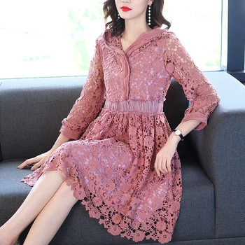 2020 Moda Primavara Femei Femei Cu Glugă Dantela Mozaic Lungime De Glezna Rochie Cu Maneci Lungi , Femeie, Rochii Coreeană