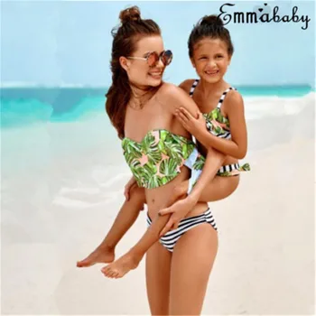 Bikini 2019 Familie Mathign Swimsutis Gât Înalt Bikini Costume De Baie Femei Costume De Baie Sexy Bikini Set Imprimare Verde Plajă, Costume De Baie
